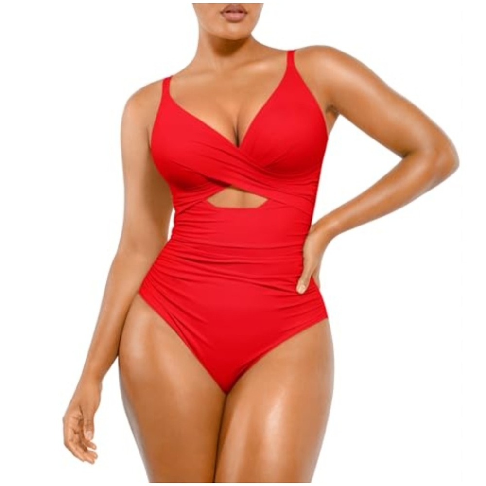 Shapellx Red Shaping One Piece Swimsuit Ruched Tummy Control Cutout Swimwear NWT